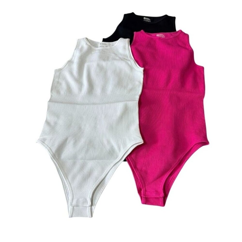 3-Pack Women's Sleeveless Ribbed Bodysuits Shapewear in White Black & Pink M